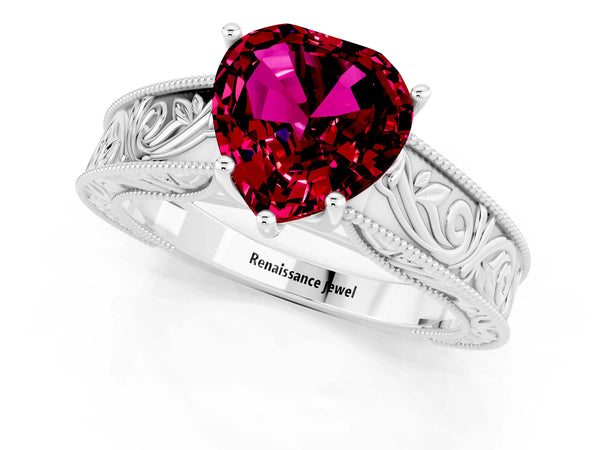Silver Heart Cut Garnet Solitaire Ring with Engraved Band and Four-Prong Setting