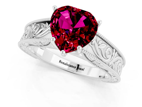White gold Heart Cut Garnet Solitaire Ring with Engraved Band and Four-Prong Setting_1