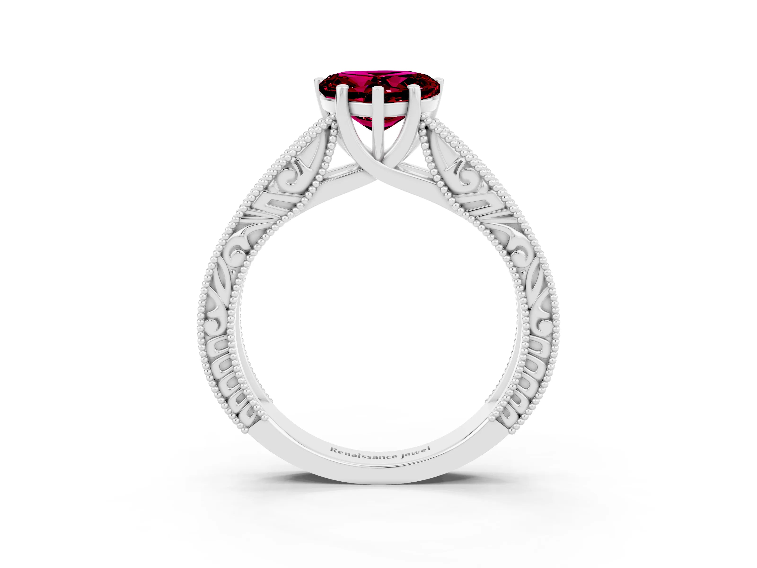 White gold Heart Cut Garnet Solitaire Ring with Engraved Band and Four-Prong Setting_3
