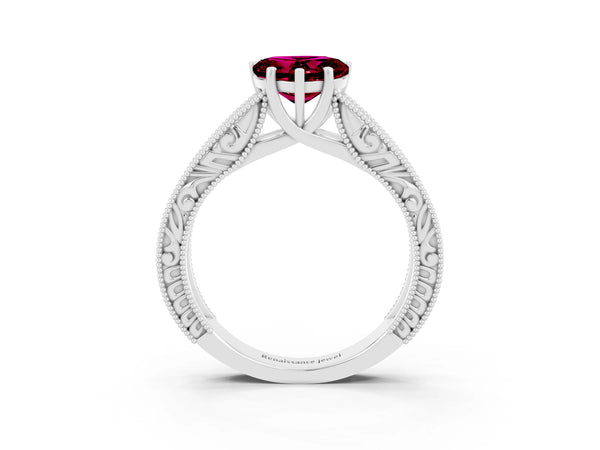 White gold Heart Cut Garnet Solitaire Ring with Engraved Band and Four-Prong Setting