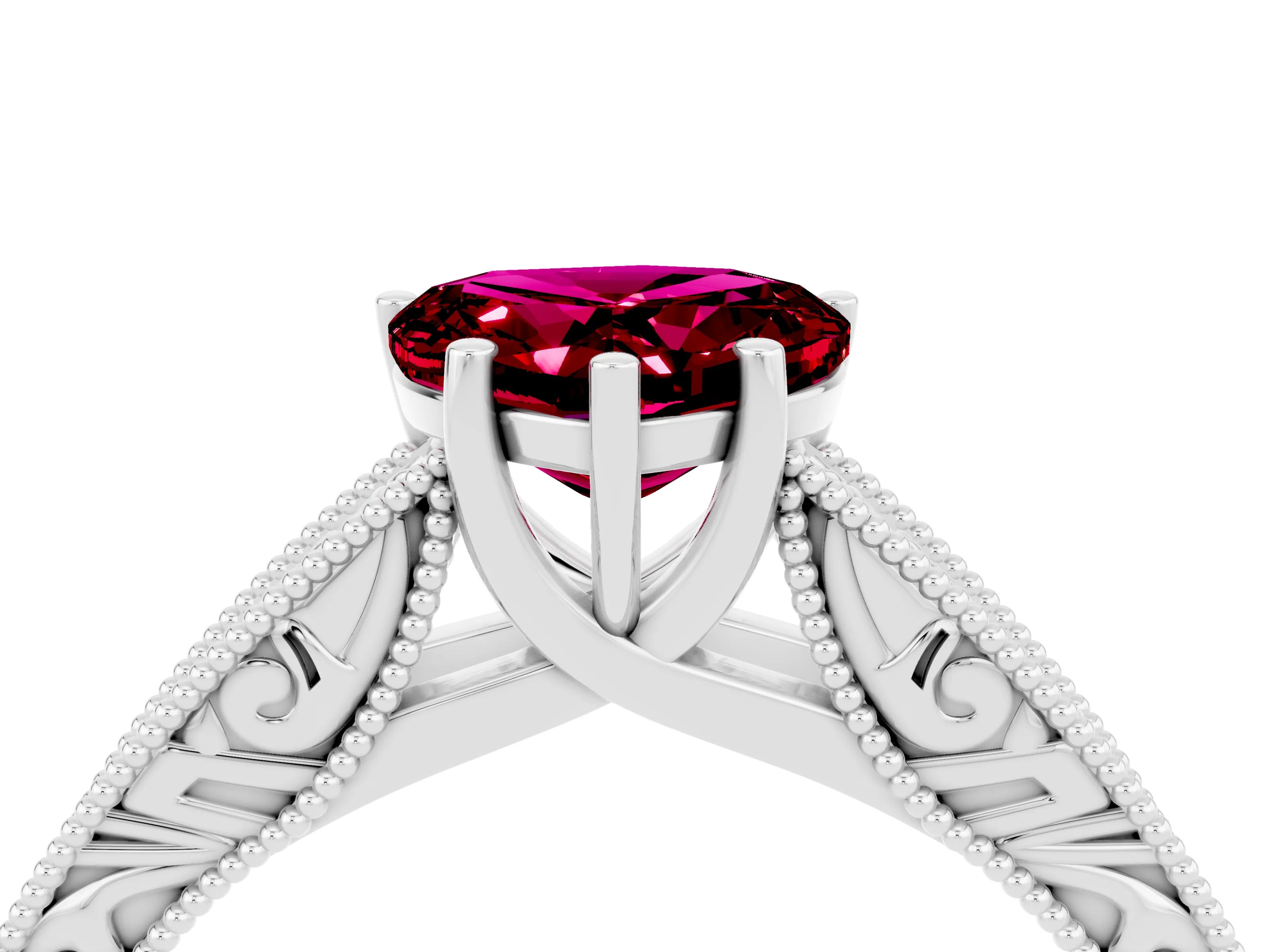 White gold Heart Cut Garnet Solitaire Ring with Engraved Band and Four-Prong Setting_4