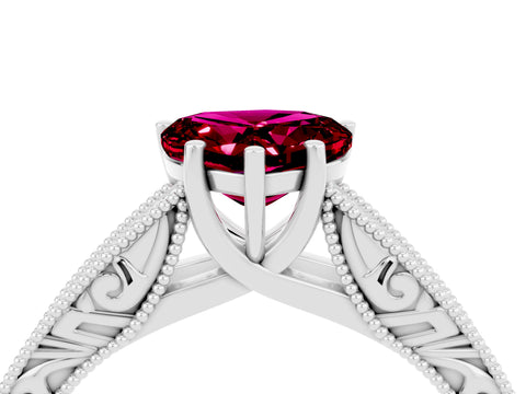 White gold Heart Cut Garnet Solitaire Ring with Engraved Band and Four-Prong Setting_4
