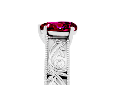 White gold Heart Cut Garnet Solitaire Ring with Engraved Band and Four-Prong Setting_5
