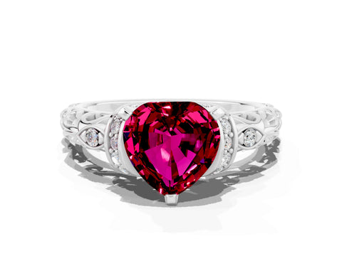 White gold Heart Cut Garnet Solitaire Ring with Filigree Band and Four-Prong Setting_24
