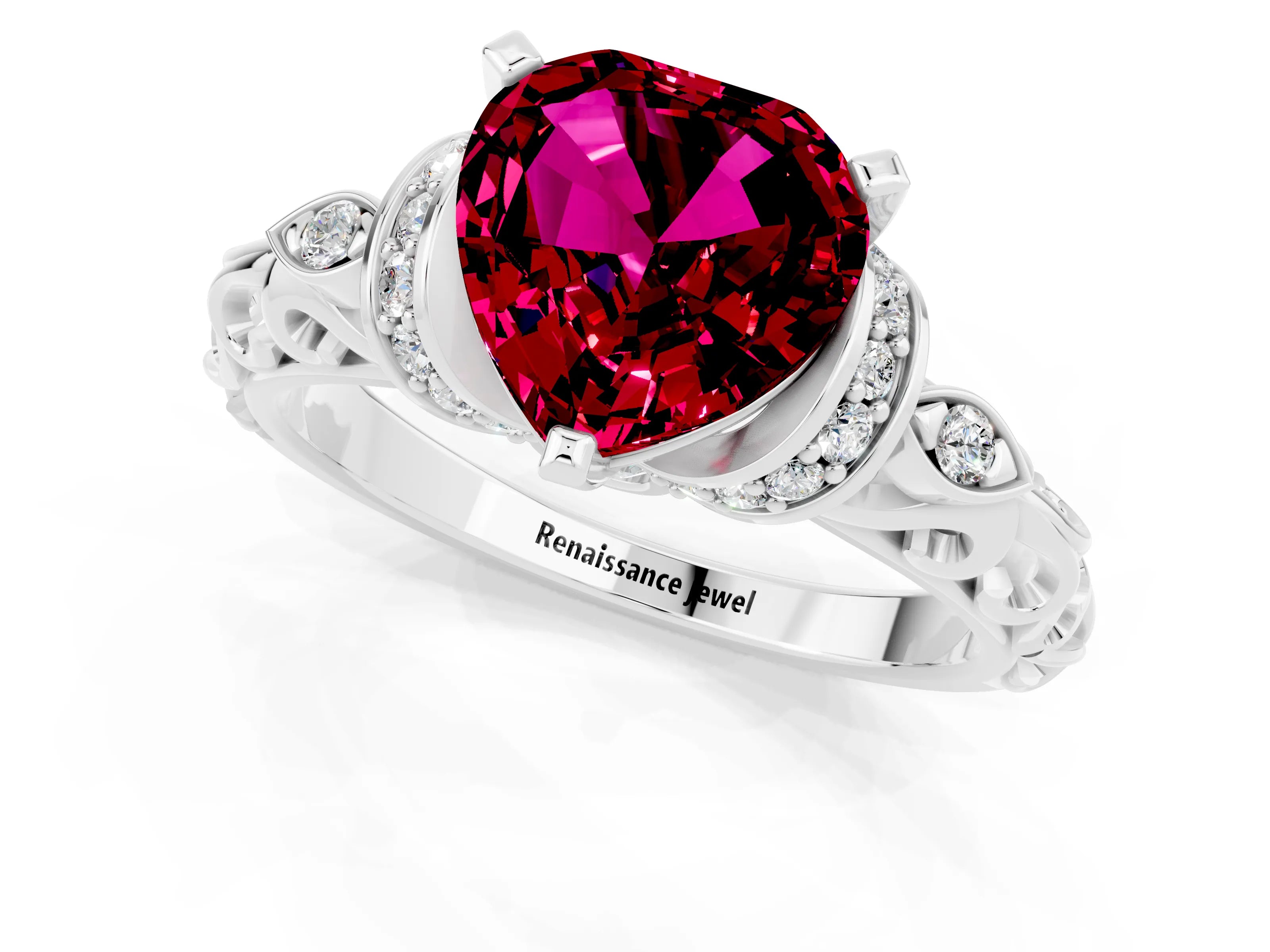 White gold Heart Cut Garnet Solitaire Ring with Filigree Band and Four-Prong Setting_25