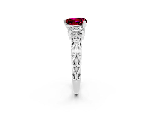 White gold Heart Cut Garnet Solitaire Ring with Filigree Band and Four-Prong Setting_26
