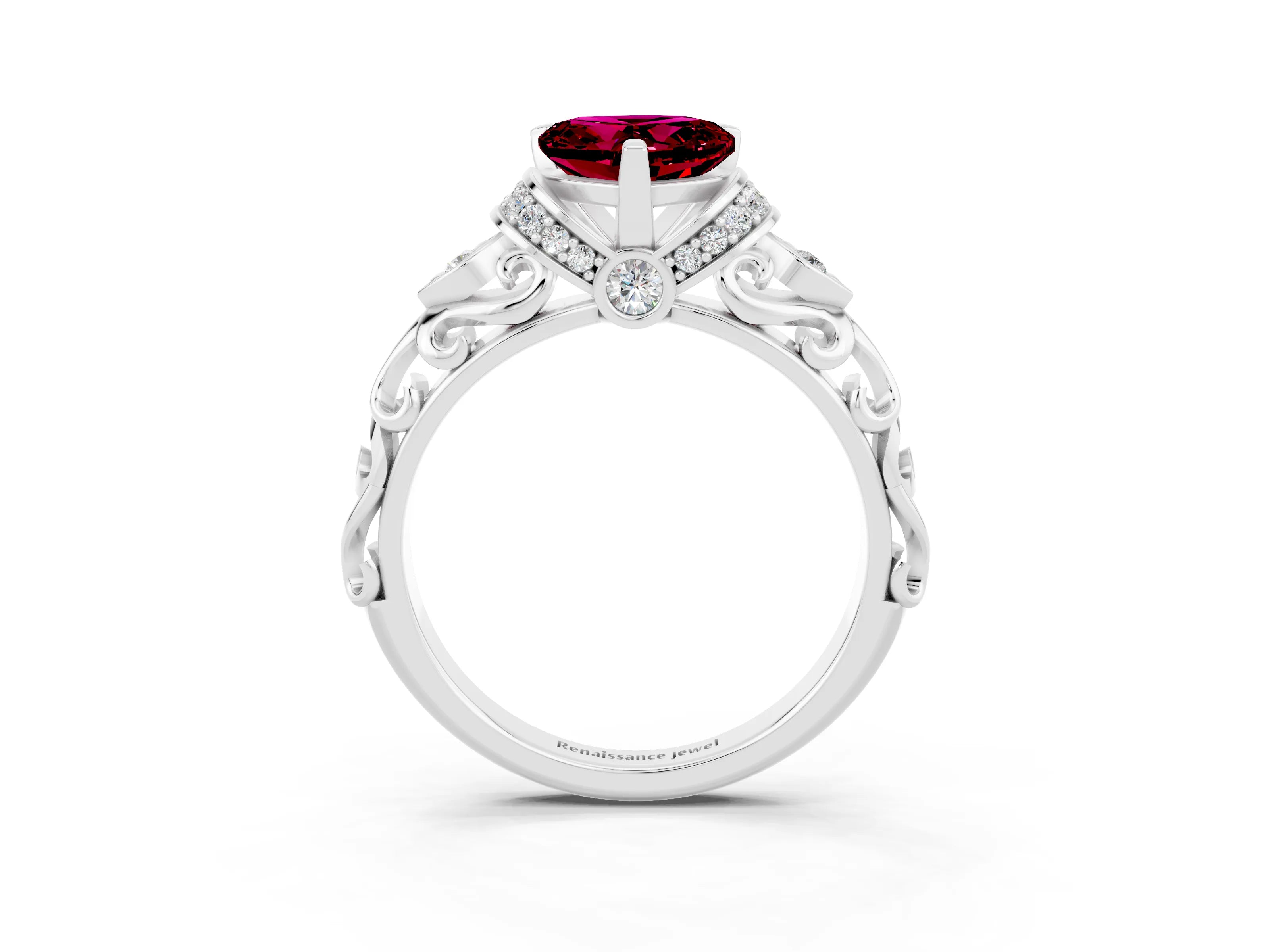 White gold Heart Cut Garnet Solitaire Ring with Filigree Band and Four-Prong Setting_27