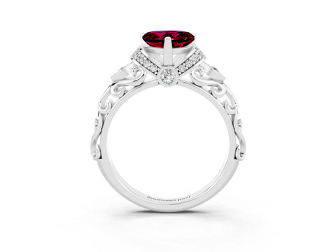 White gold Heart Cut Garnet Solitaire Ring with Filigree Band and Four-Prong Setting_27