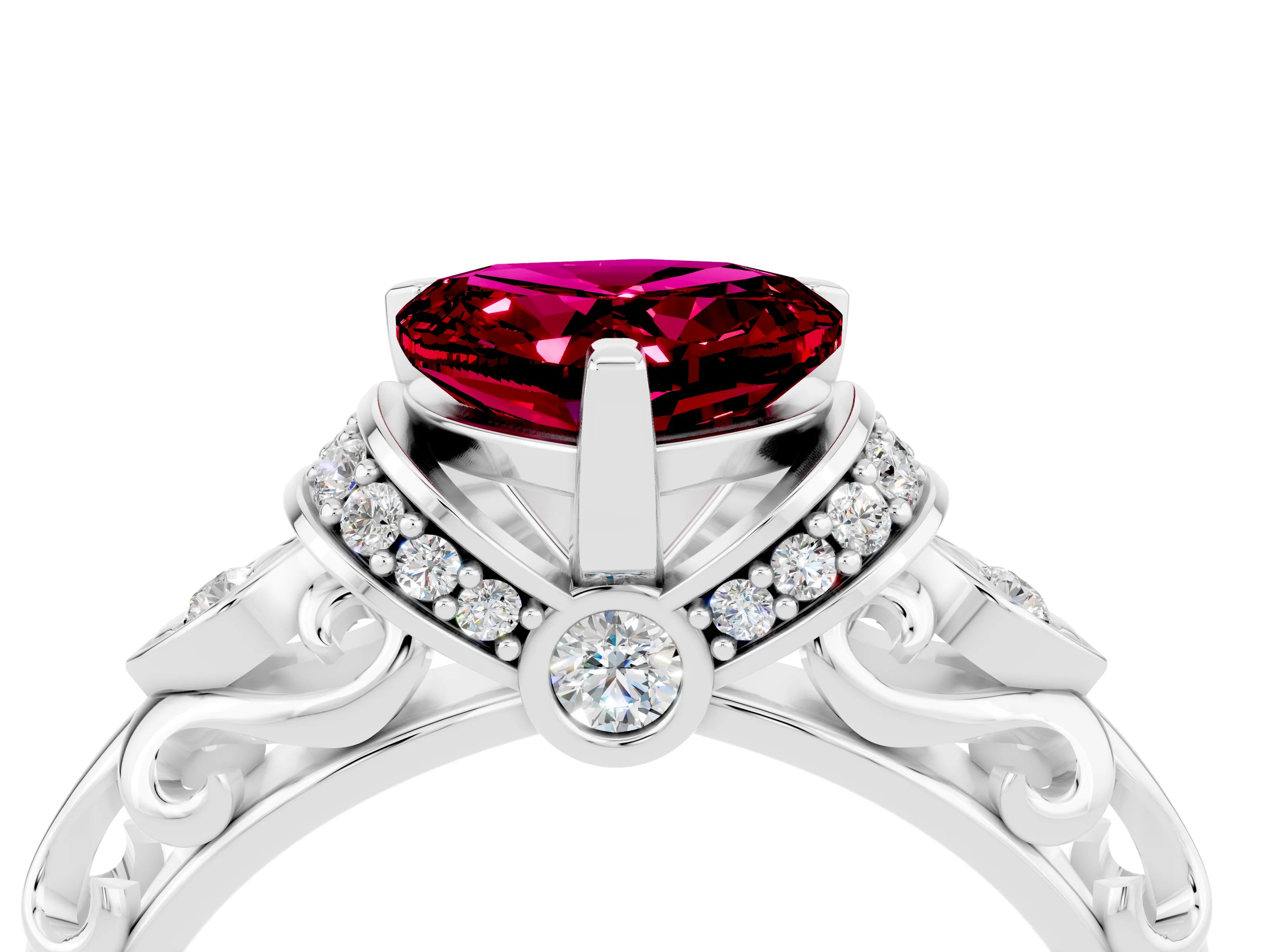 White gold Heart Cut Garnet Solitaire Ring with Filigree Band and Four-Prong Setting_28