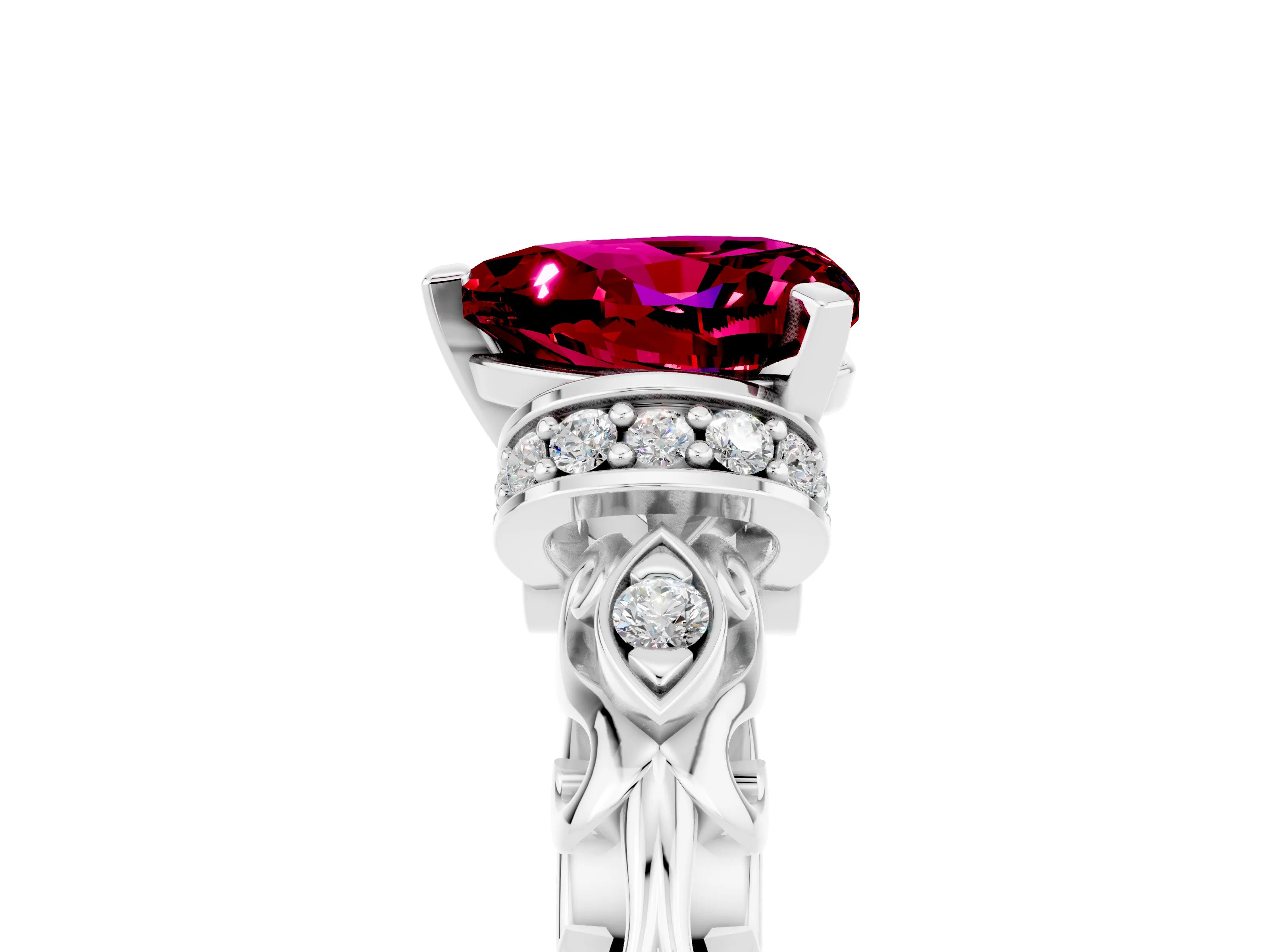 White gold Heart Cut Garnet Solitaire Ring with Filigree Band and Four-Prong Setting_29