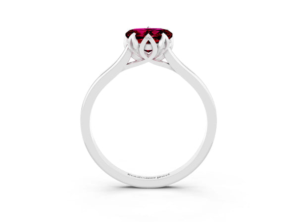 Platinum Heart Cut Garnet Solitaire Ring with Flower Prong Setting and Classic Band