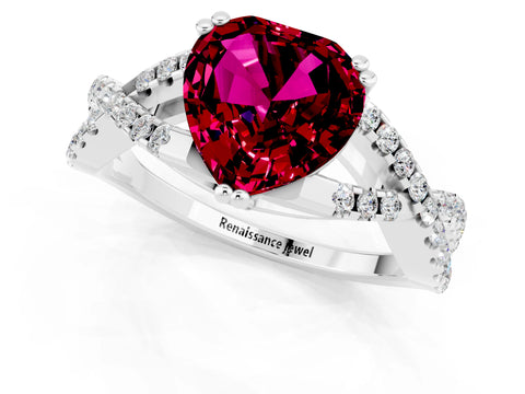 White gold Heart Cut Garnet Solitaire Ring with Four-Prong Setting and Twisted Pavé Band_1