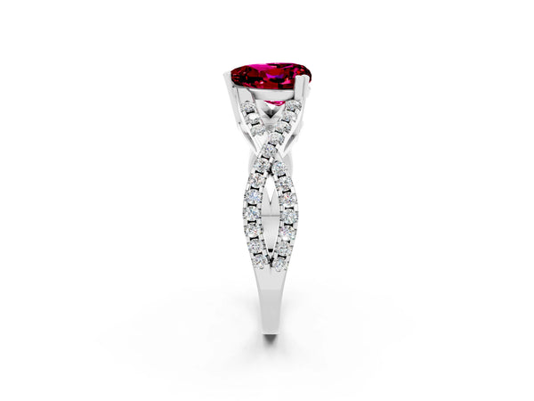 White gold Heart Cut Garnet Solitaire Ring with Four-Prong Setting and Twisted Pavé Band