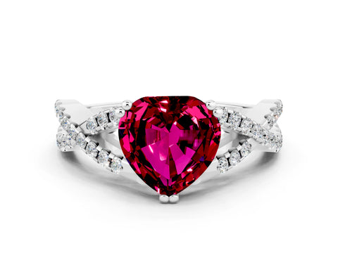 White gold Heart Cut Garnet Solitaire Ring with Four-Prong Setting and Twisted Pavé Band
