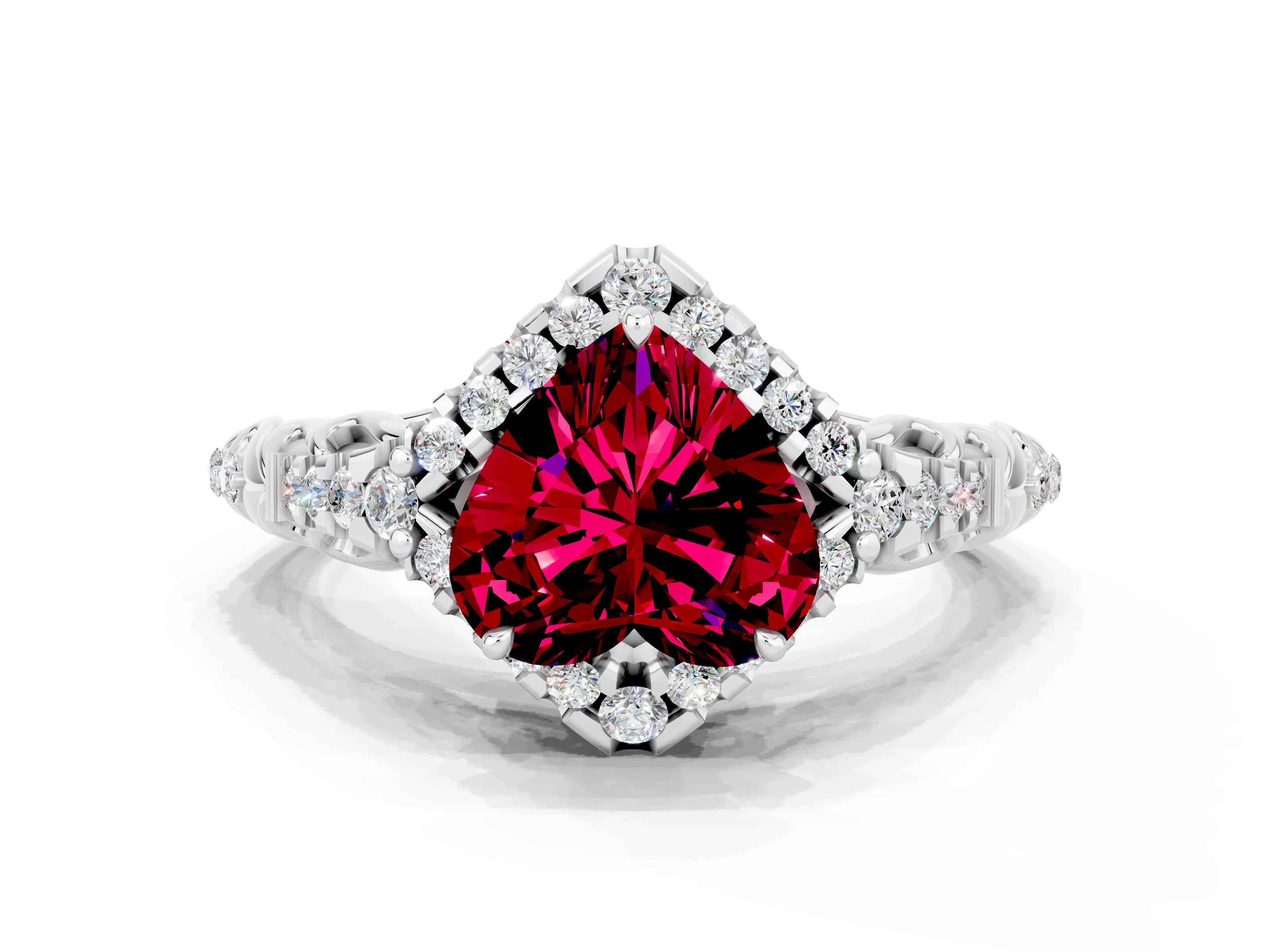 White gold Heart Cut Garnet Solitaire Ring with Hidden Halo and Pavé Band_23