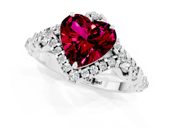 Silver Heart Cut Garnet Solitaire Ring with Hidden Halo and Pavé Band