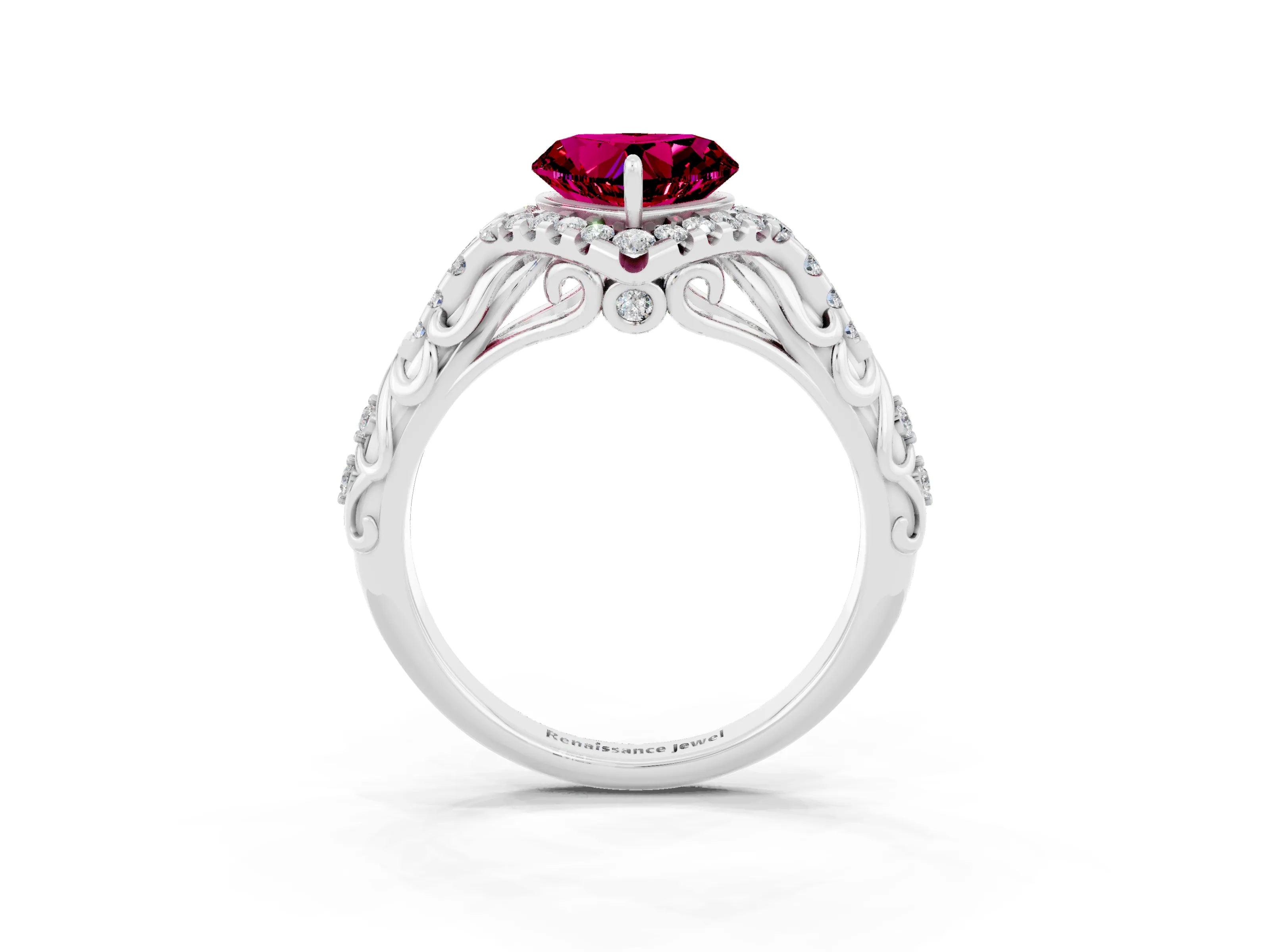 White gold Heart Cut Garnet Solitaire Ring with Hidden Halo and Pavé Band_27