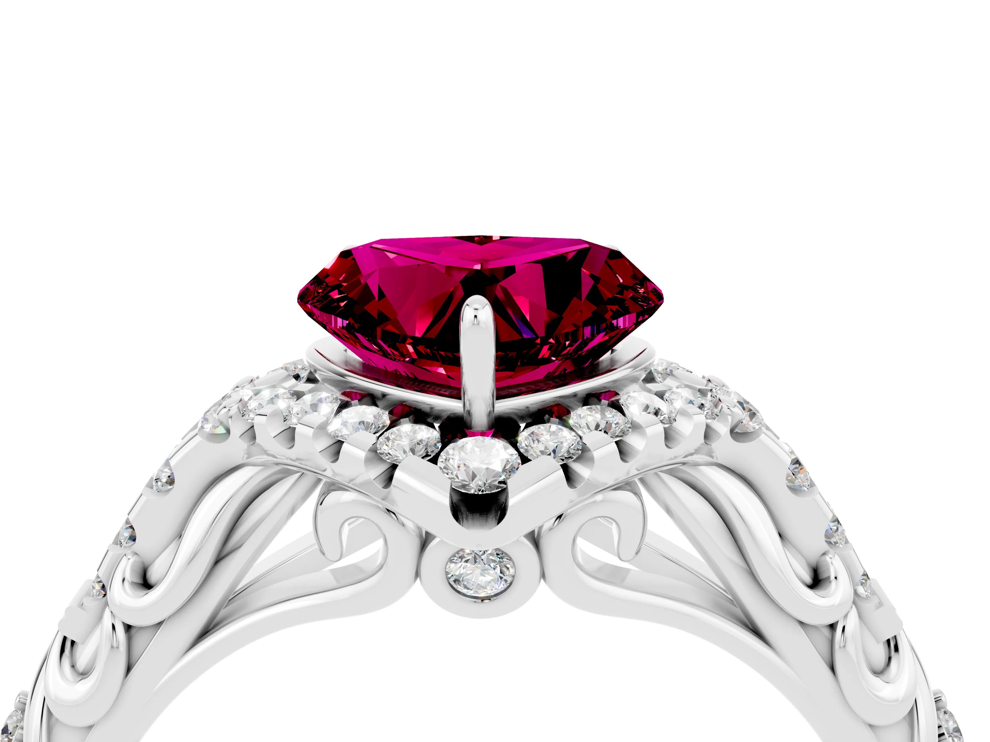 White gold Heart Cut Garnet Solitaire Ring with Hidden Halo and Pavé Band_28