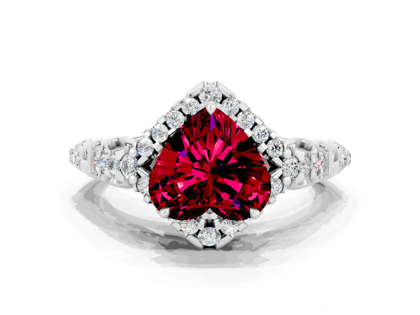 Platinum Heart Cut Garnet Solitaire Ring with Hidden Halo and Pavé Band