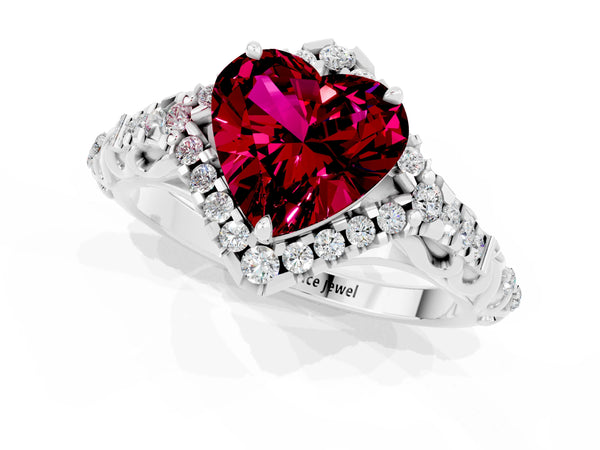 Silver Heart Cut Garnet Solitaire Ring with Hidden Halo and Pavé Band