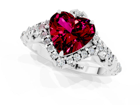 White gold Heart Cut Garnet Solitaire Ring with Hidden Halo and Pavé Band_37