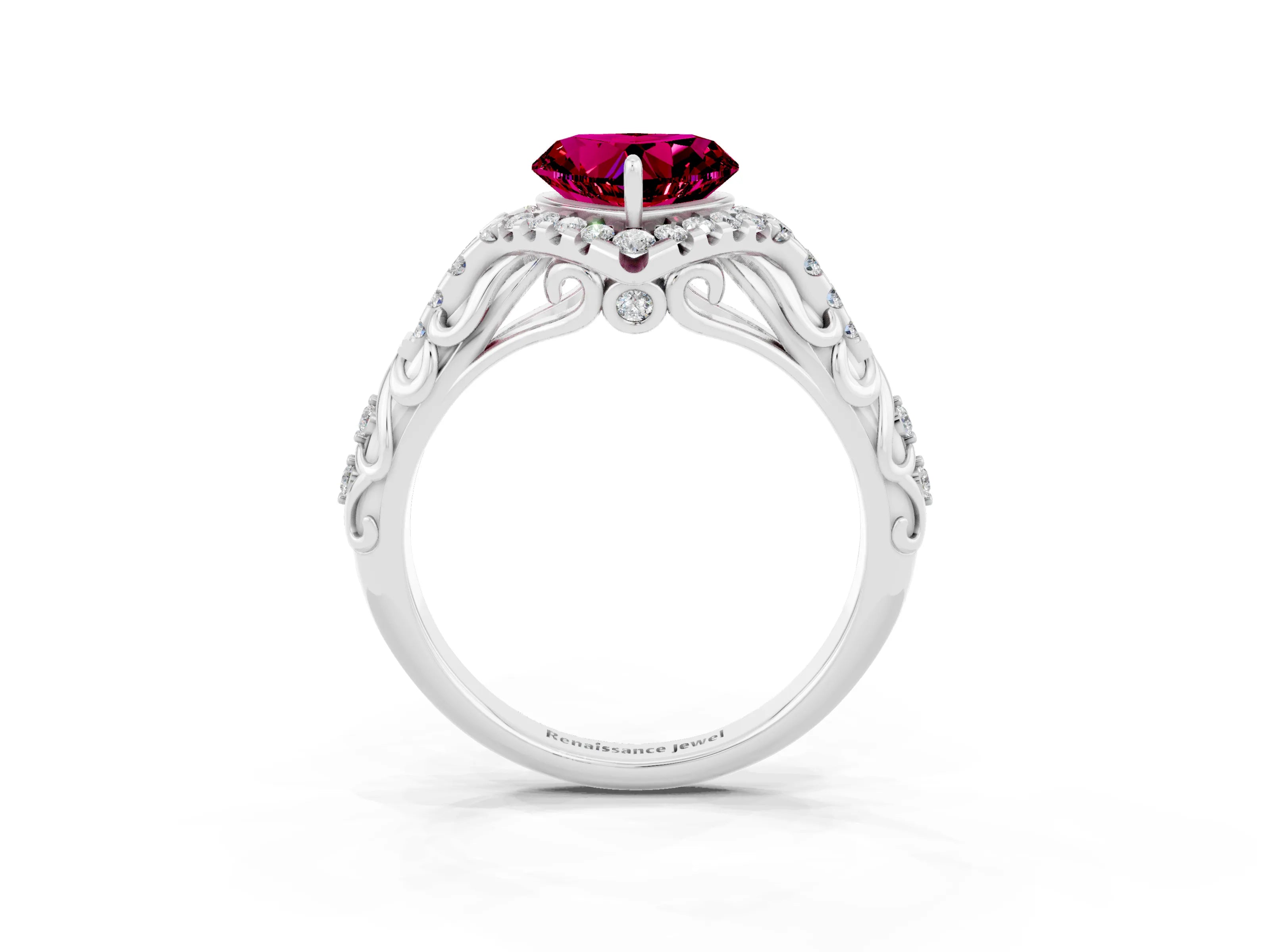 White gold Heart Cut Garnet Solitaire Ring with Hidden Halo and Pavé Band_39