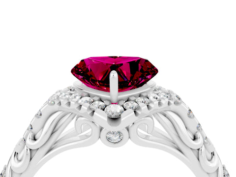 White gold Heart Cut Garnet Solitaire Ring with Hidden Halo and Pavé Band_40