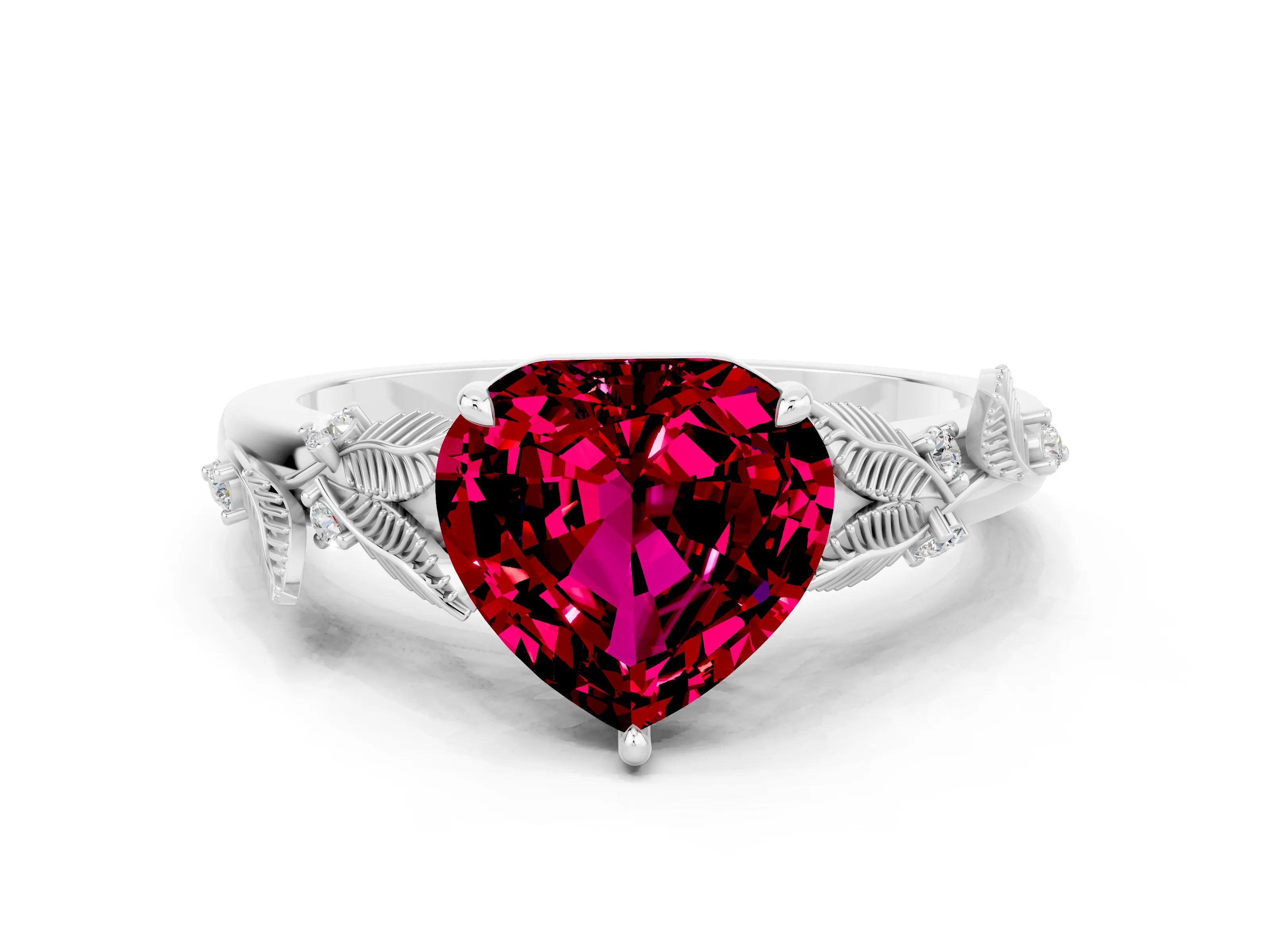 White gold Heart Cut Garnet Solitaire Ring with Leaf Motif Band and Four-Prong Setting