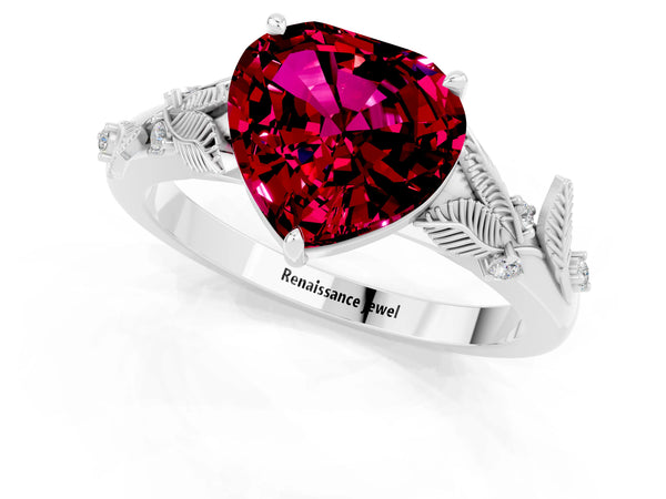 Platinum Heart Cut Garnet Solitaire Ring with Leaf Motif Band and Four-Prong Setting