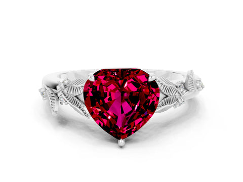 White gold Heart Cut Garnet Solitaire Ring with Leaf Motif Band and Four-Prong Setting_12