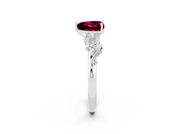 White gold Heart Cut Garnet Solitaire Ring with Leaf Motif Band and Four-Prong Setting