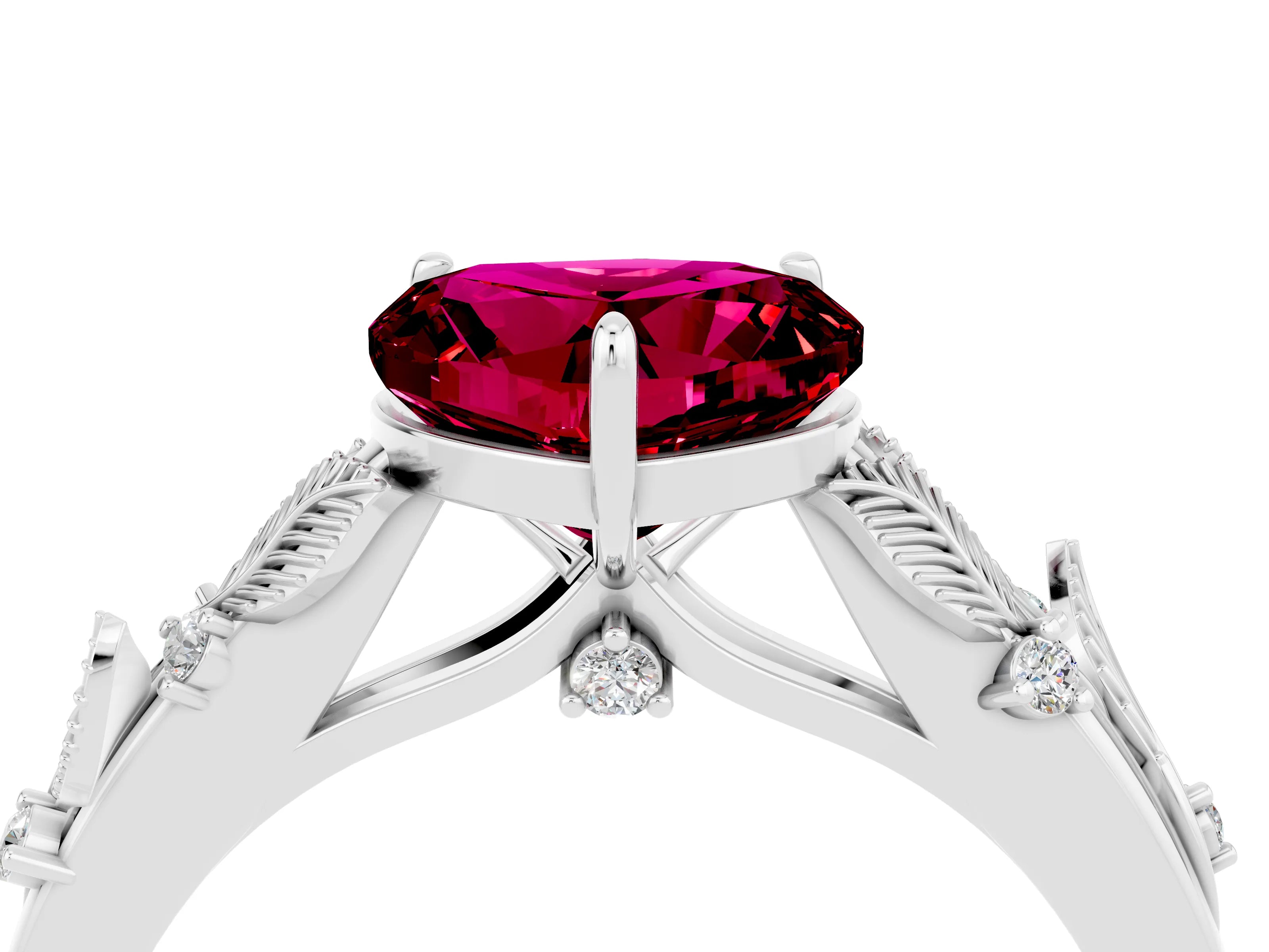 White gold Heart Cut Garnet Solitaire Ring with Leaf Motif Band and Four-Prong Setting_16