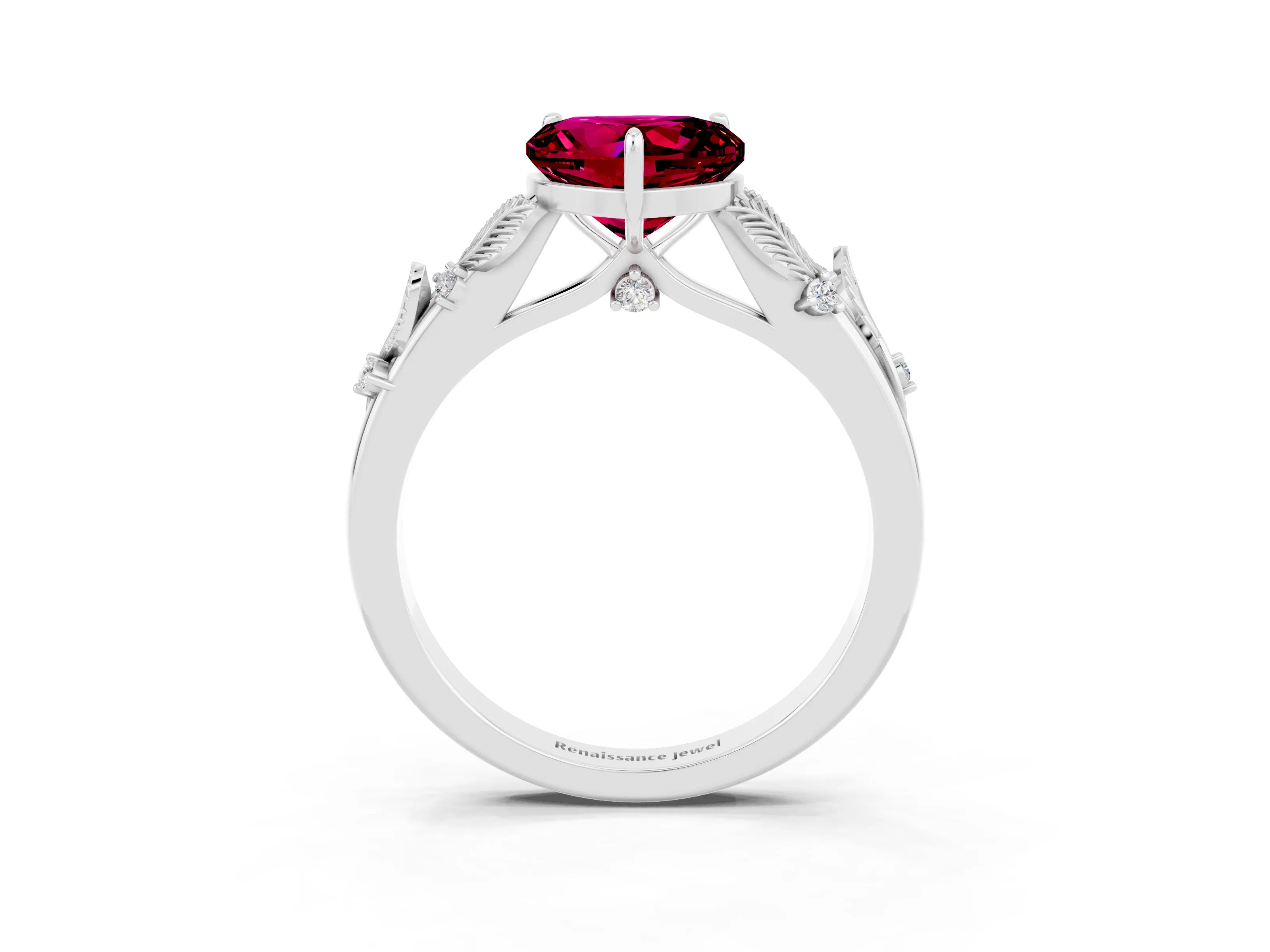 White gold Heart Cut Garnet Solitaire Ring with Leaf Motif Band and Four-Prong Setting_3