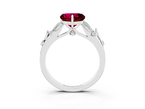 White gold Heart Cut Garnet Solitaire Ring with Leaf Motif Band and Four-Prong Setting_3