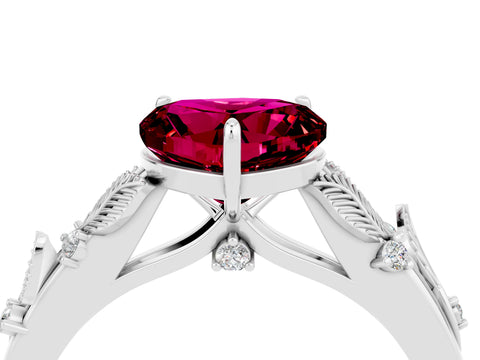 White gold Heart Cut Garnet Solitaire Ring with Leaf Motif Band and Four-Prong Setting_4