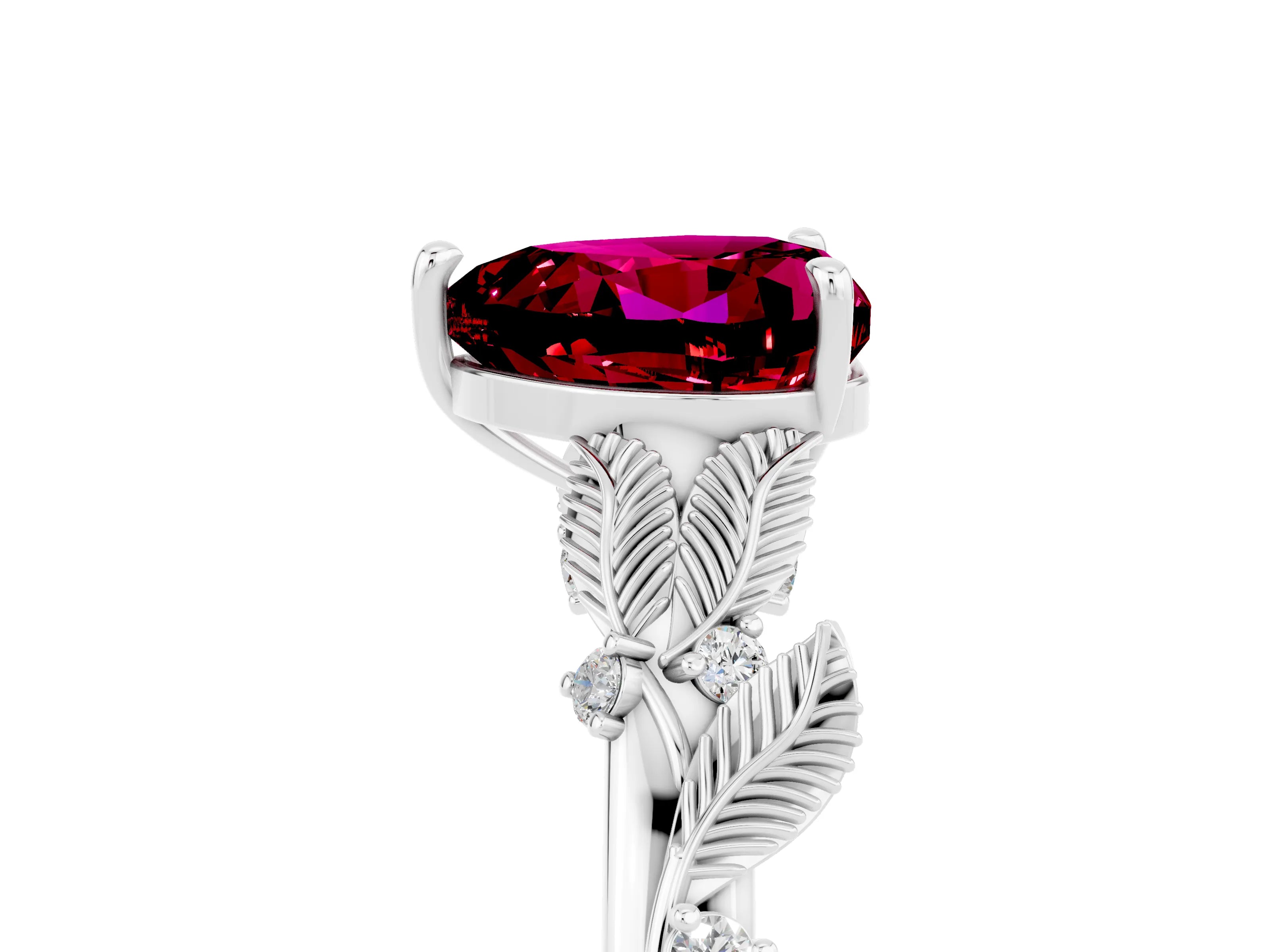 White gold Heart Cut Garnet Solitaire Ring with Leaf Motif Band and Four-Prong Setting_5