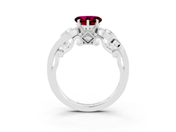 Platinum Heart Cut Garnet Solitaire Ring with Milgrain Pavé Band and Four-Prong Setting