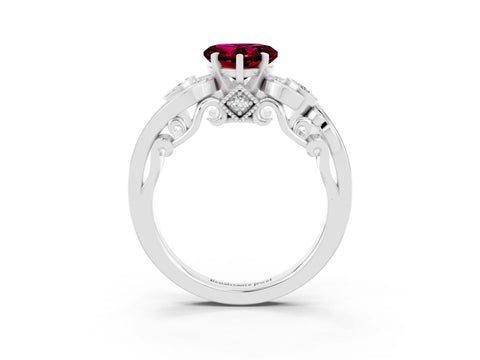 White gold Heart Cut Garnet Solitaire Ring with Milgrain Pavé Band and Four-Prong Setting_15