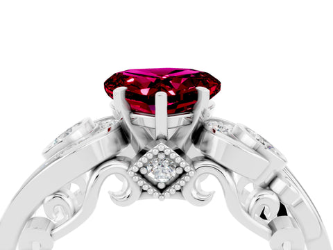 White gold Heart Cut Garnet Solitaire Ring with Milgrain Pavé Band and Four-Prong Setting_16
