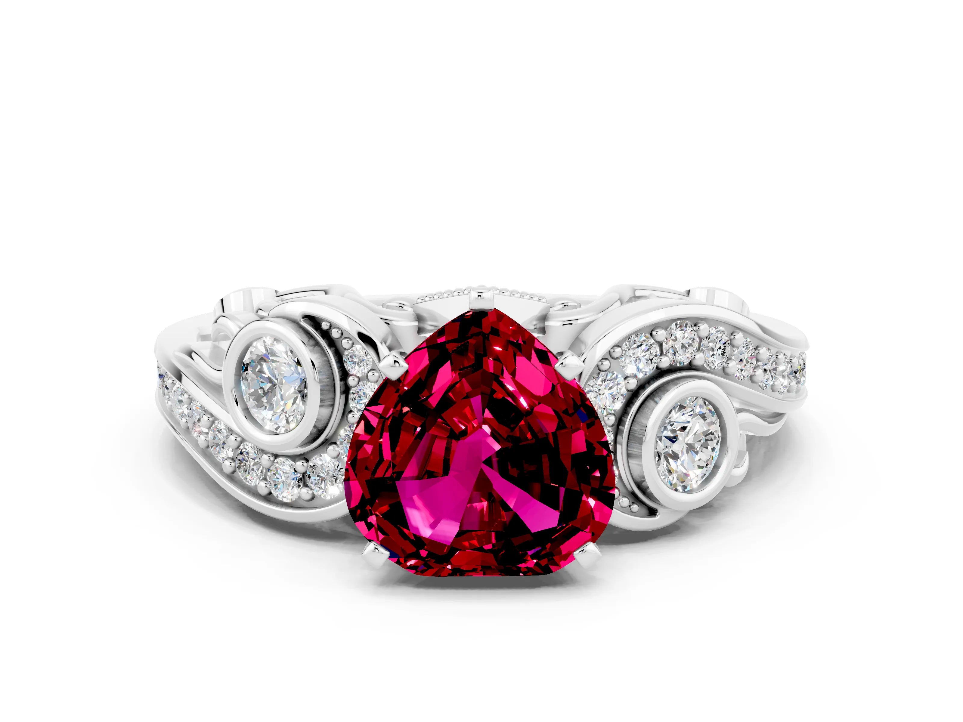 White gold Heart Cut Garnet Solitaire Ring with Milgrain Pavé Band and Four-Prong Setting_48