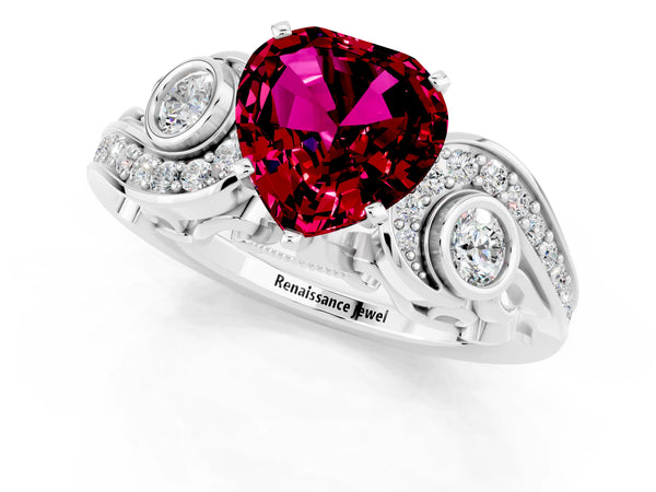 White gold Heart Cut Garnet Solitaire Ring with Milgrain Pavé Band and Four-Prong Setting