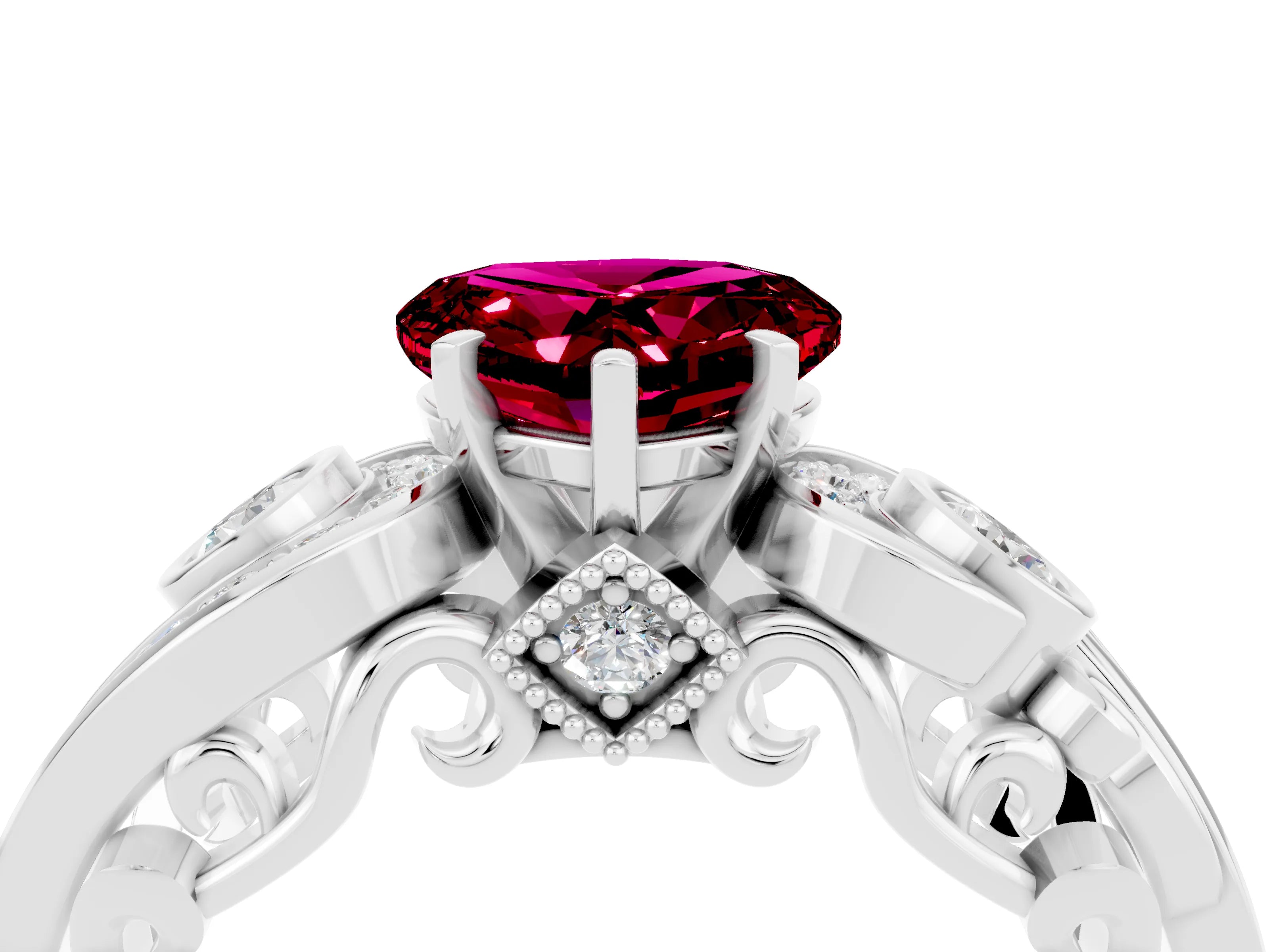 White gold Heart Cut Garnet Solitaire Ring with Milgrain Pavé Band and Four-Prong Setting_52
