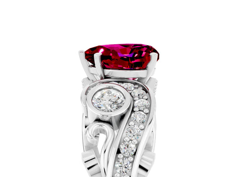 White gold Heart Cut Garnet Solitaire Ring with Milgrain Pavé Band and Four-Prong Setting_53
