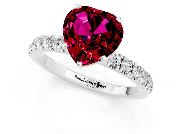 Silver Heart Cut Garnet Solitaire Ring with Pavé Accents and Four-Prong Setting