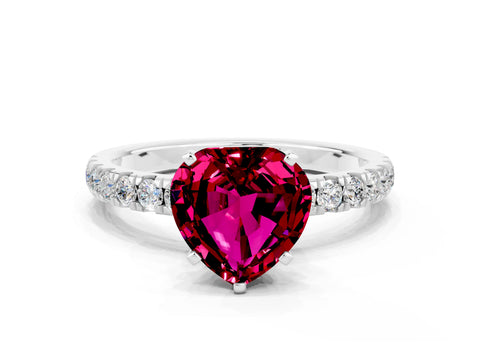 White gold Heart Cut Garnet Solitaire Ring with Pavé Accents and Four-Prong Setting