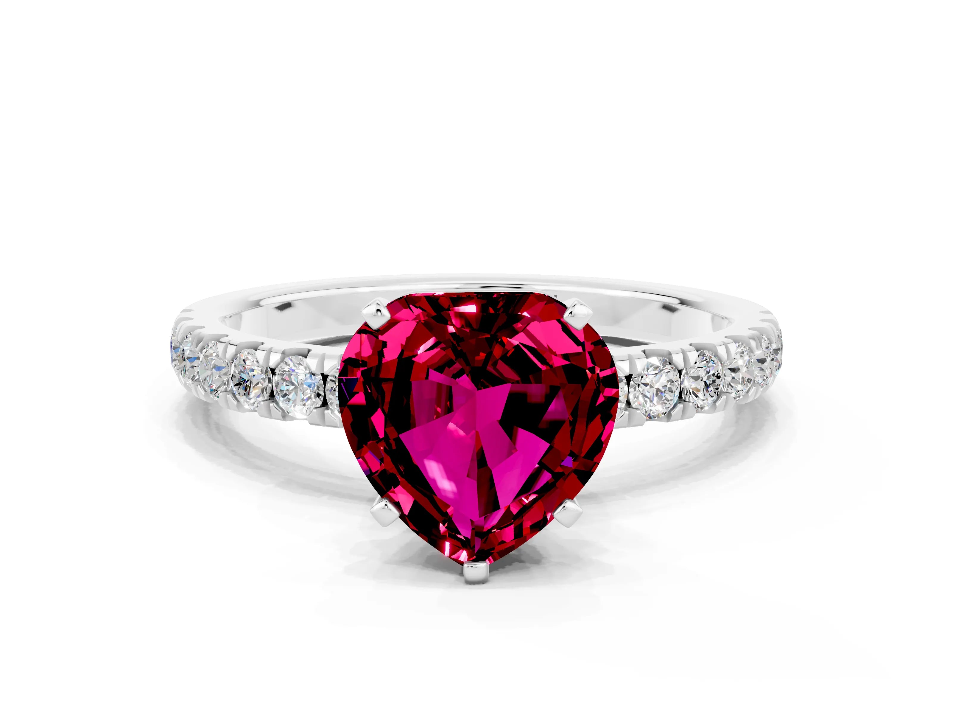 White gold Heart Cut Garnet Solitaire Ring with Pavé Accents and Four-Prong Setting