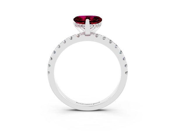 Platinum Heart Cut Garnet Solitaire Ring with Round  Pavé Band and Four-Prong Setting