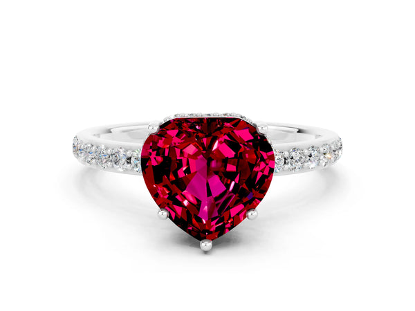 Silver Heart Cut Garnet Solitaire Ring with Pavé Band and Hidden Halo