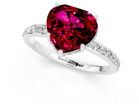 White gold Heart Cut Garnet Solitaire Ring with Pavé Band and Hidden Halo_13