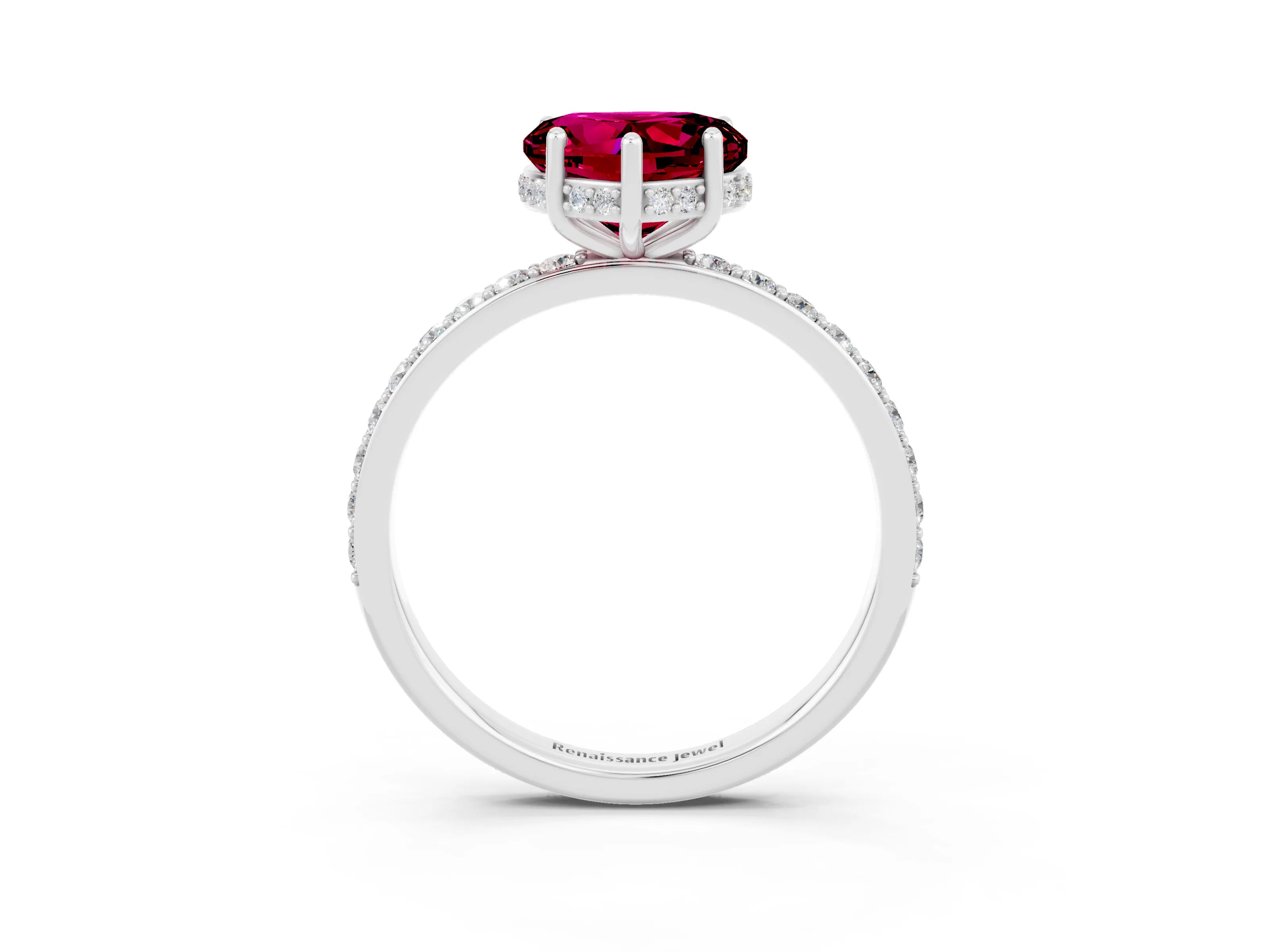 White gold Heart Cut Garnet Solitaire Ring with Pavé Band and Hidden Halo_15